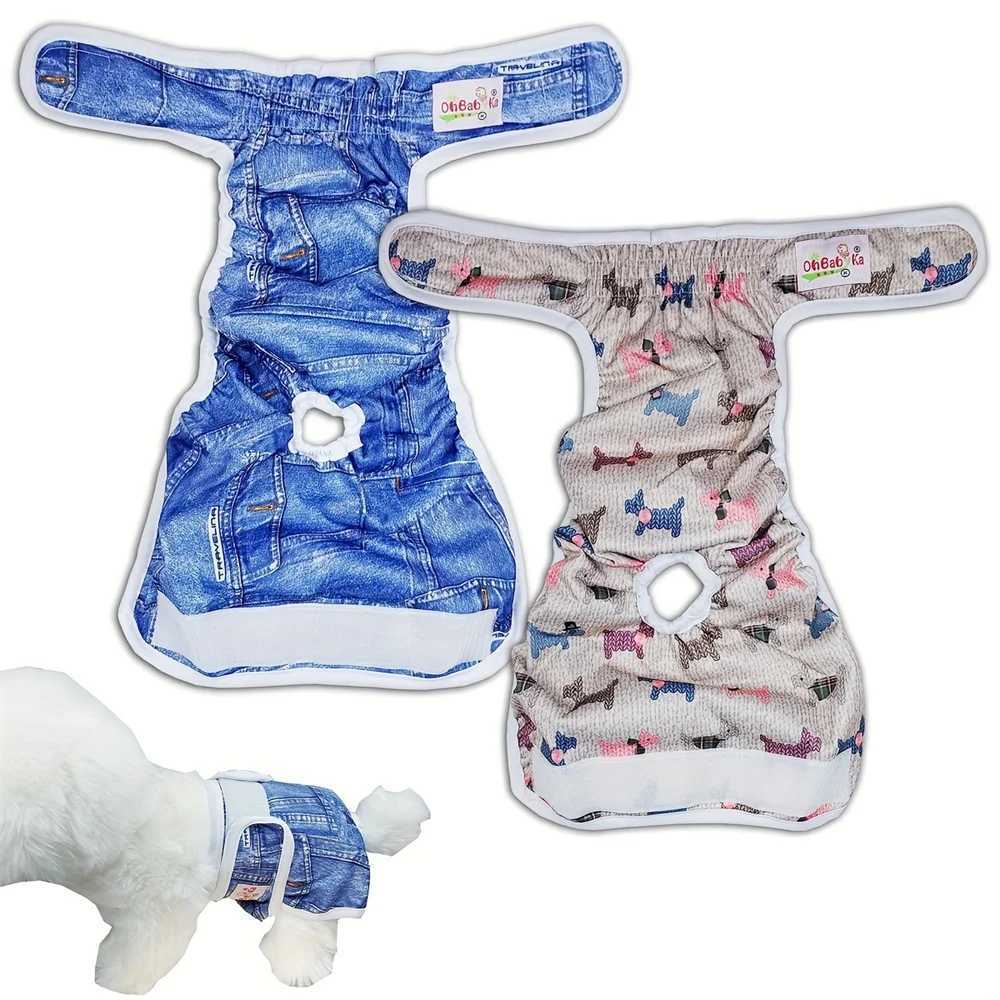 2 packs of washable dog diapers physiological pants cartoon printed diapers reusable sanitary pants pajamas abdominal bag Y250320