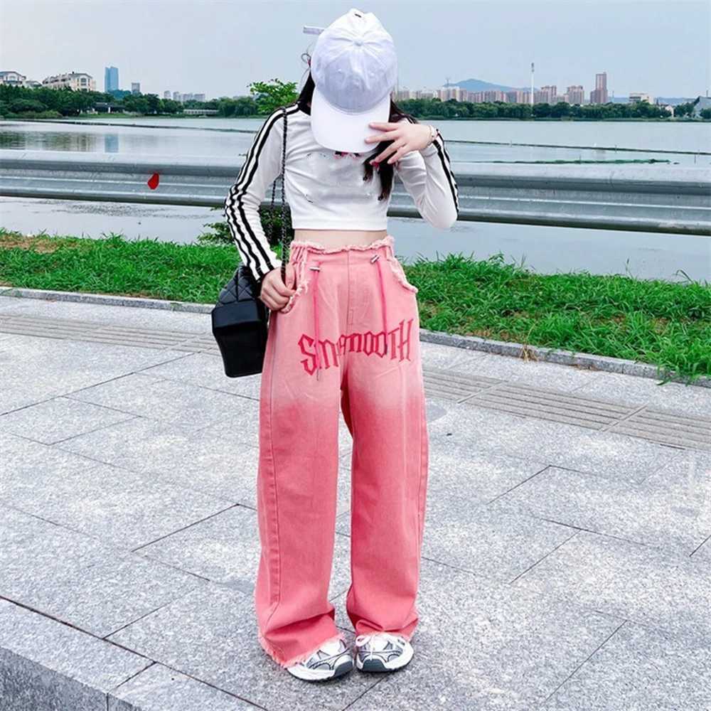 Teenage girls fashion gradient long jeans new autumn hot trade elastic waist Trouser cool hip-hop street clothing childrens jeansT250326
