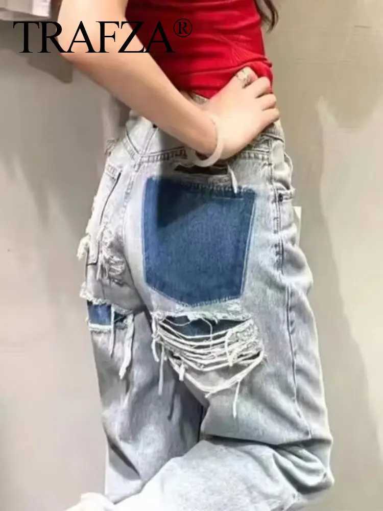 TRAFZA Womens Jeans 2024 Denim Solid Loose Zipper Flying Womens Hole Trouser Pocket Wild Basic Commuter Womens Wide Leg PantsT250319