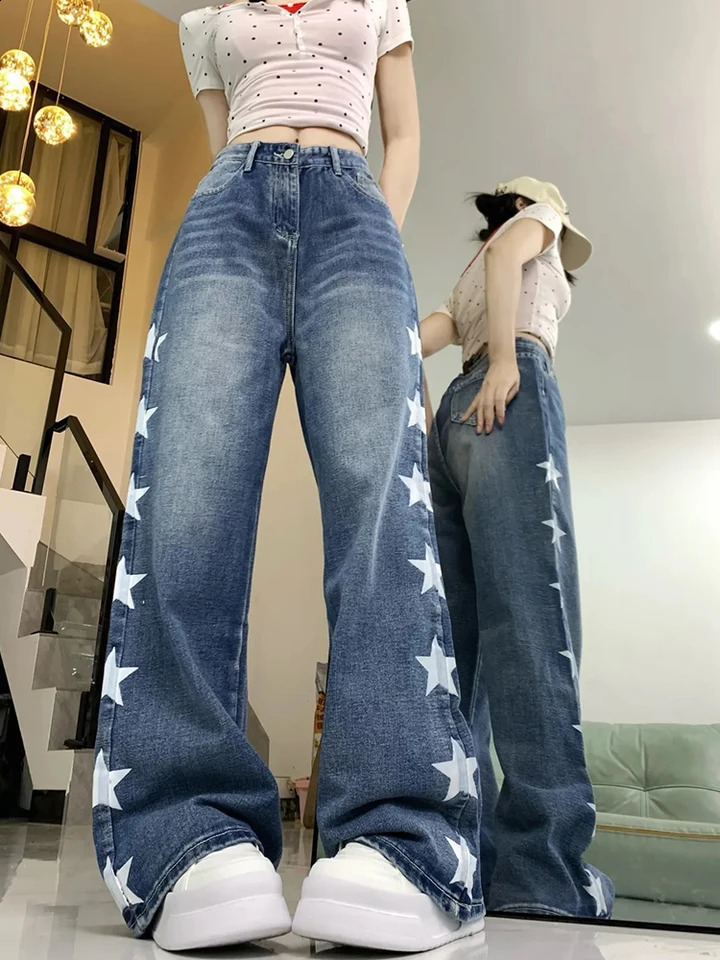 Zoki Cute Star Print Jeans Women Vintage High Waist Loose Denim Pants Preppy Style Japan Casual Female Kawaii Retro Trousers 250319