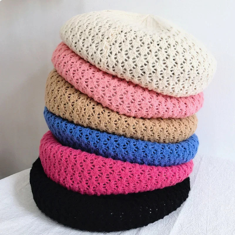 Spring Berets Breathable Permeability Knitting Beret Hat for Women Hollow Crochet Retro Fashion Painter Cap Ladies Hats 250320