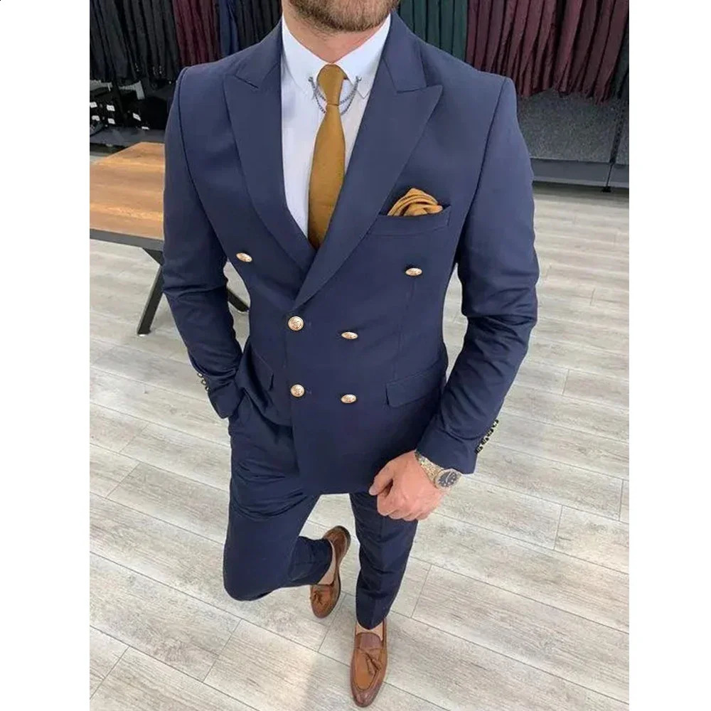 Mens Suit Navy Blue Lapel Double Breasted Elegant Groom Full Set 2 Piece Jacket Pants Skinny Costume Homme Terno 250311