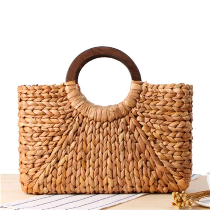 Women Wooden Ring Portable Korean Foreign Of Corn Skin Retro Art Beach Travel Pictures Props Straw Moon Bag