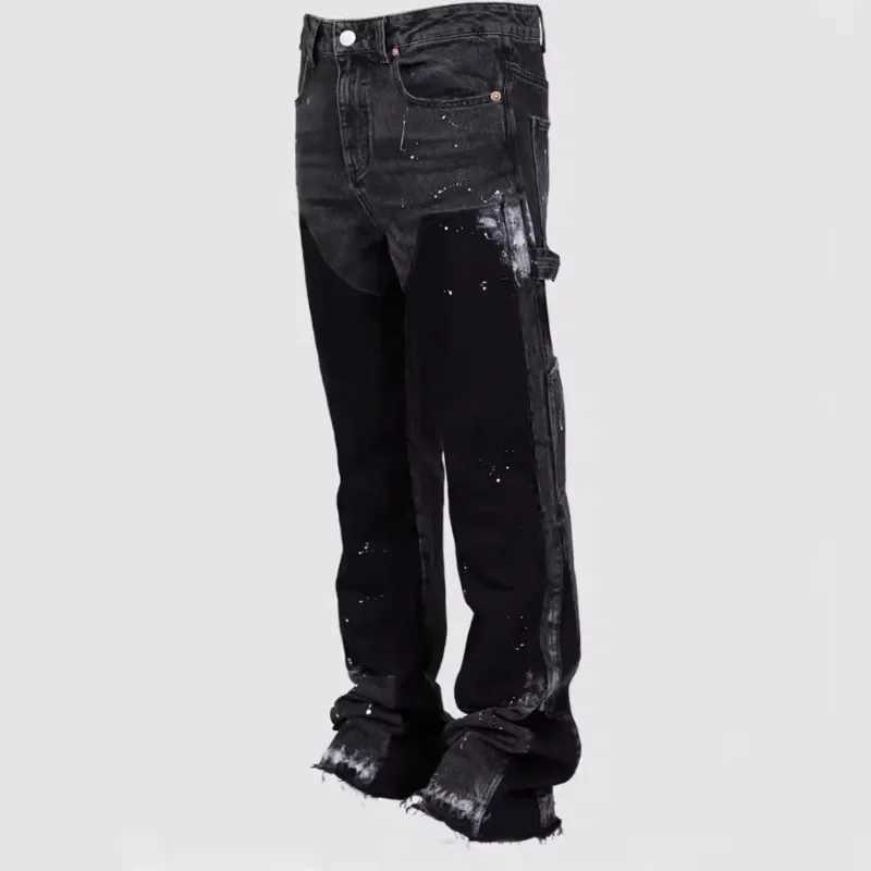 Y2k jeans mens painted patches bag stacked jeans fashionable workwear trendy stretch patches denim stacked glitter jeansT250319