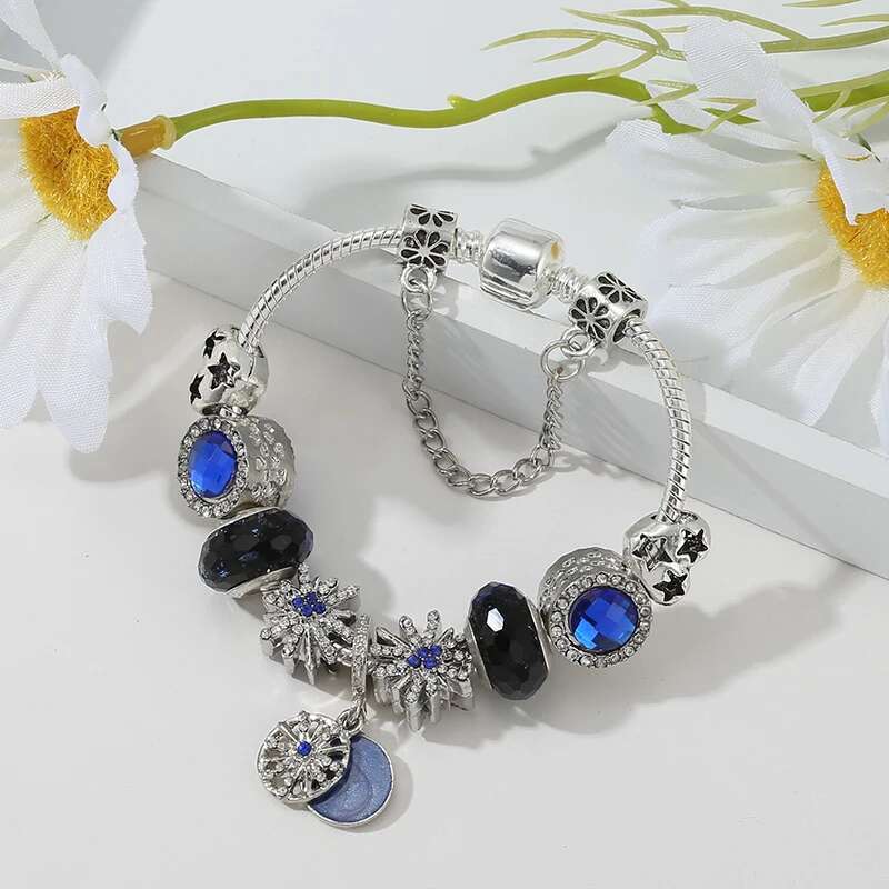 High Quality Silver Plated Charm Bracelet & Bangle For Women Crystal Star Beads Pandent Brand Bracelet DIY Jewelry 2024 New