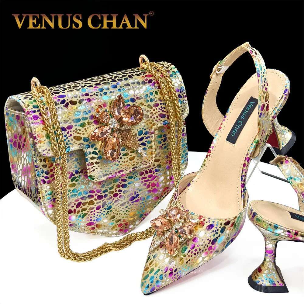 Hot Champagne Color Heels Pointed Toe Crystal Design Pumps With Matching Bag Set For New Women's Wedding Party