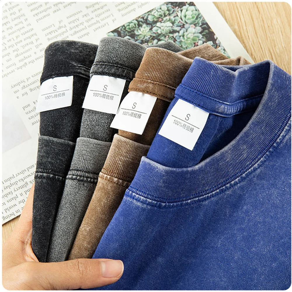 Couples wash vintage 230g heavy-duty cotton short sleeved T-shirt suitable for men women and summer solid color loose T-shirt 250317