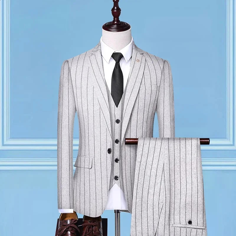 High Quality suit Vest Trousers Single Button Fashion Business Vertical Stripe Gentleman Suit Korean Threepiece 250311
