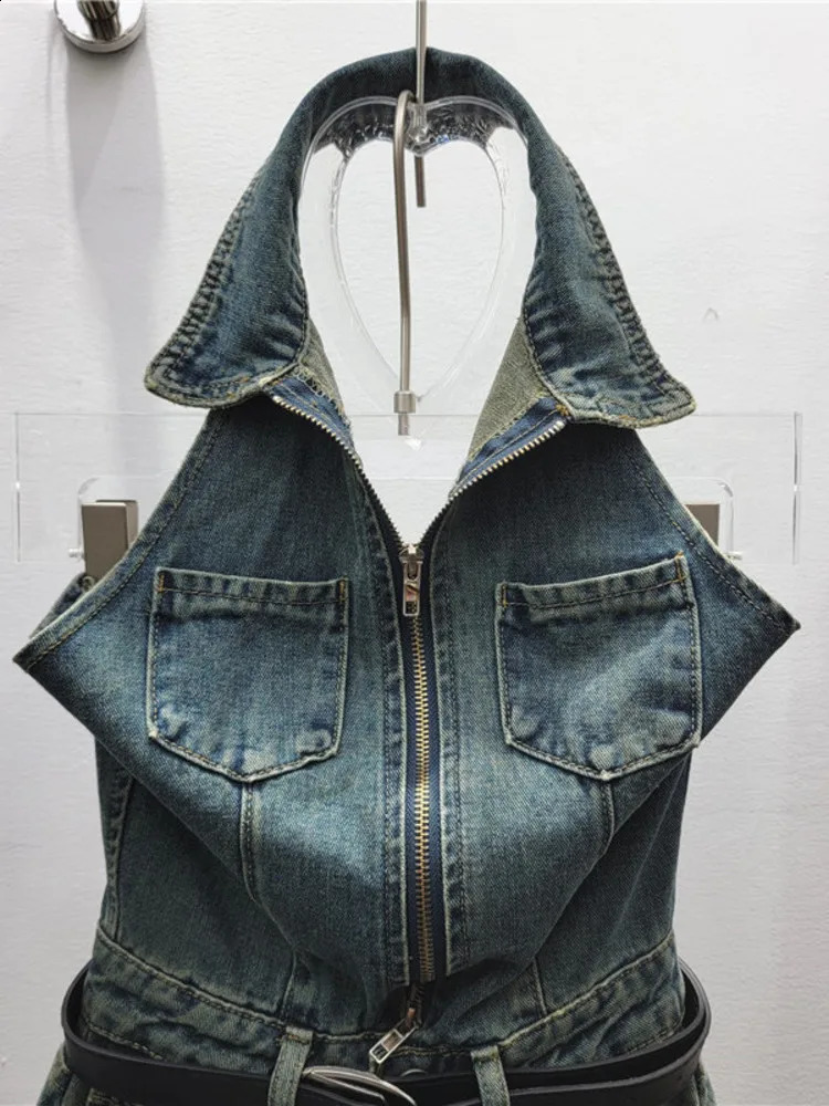 EWQ 3XL Street Fashion Zipper Pocket Vest Y2K High Waist Wide Leg Shorts Denim Sets Give Belt Women jumpsuit 2025 Summer 250319