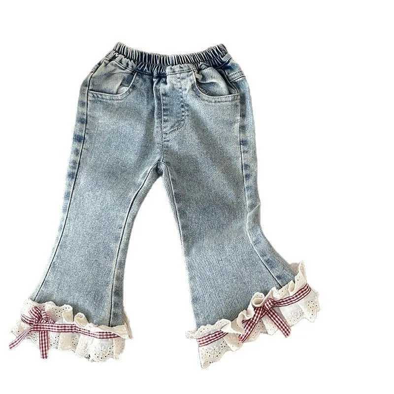 2025 Spring Autumn Korean Kids Girls Jeans Denim Stretch Lace Hem Pocket Toddler Girls Trousers Children Girls Flared PantsT250326