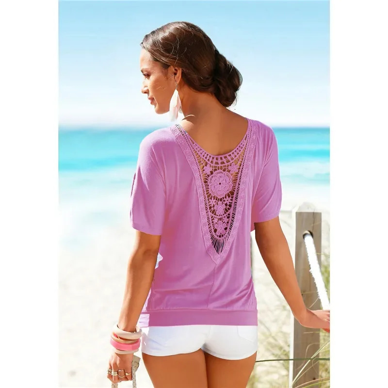 Fashion Tshirt womens summer casual top Harajuku Camiseta Mujer black solid retro lace Blusas 250314