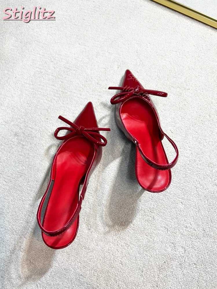 Sexy red dot toe pump knot shallow high H French slider - Me 2025 Wenfei dress shoes Y250319