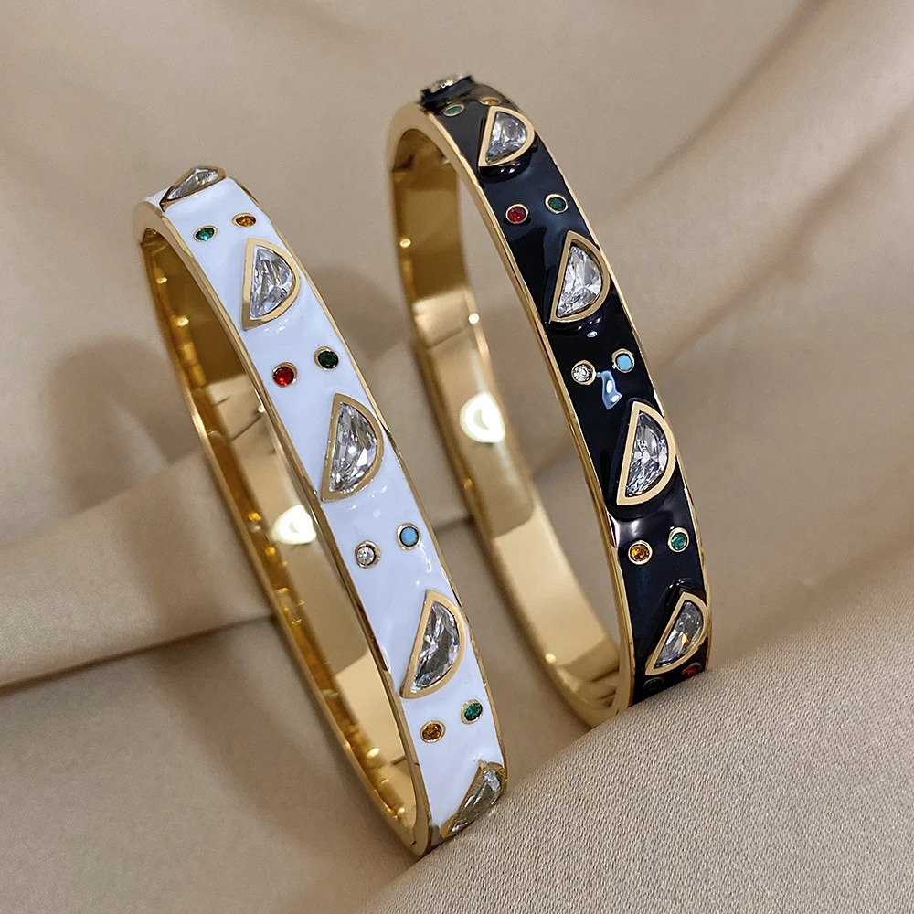 Lifefontier Stainless Steel Heart Bangles Bracelets For Women Trend Geometric Rhinestone Waterproof Earring Jewelry 250320