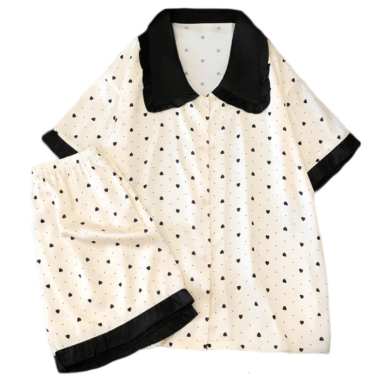 Summer Ladies Ins Cute Doll Collar Polka Dot Love Print Pajamas Loungewear Set Ice Silk Short Sleeve Short Pants Leisure Suit 250320
