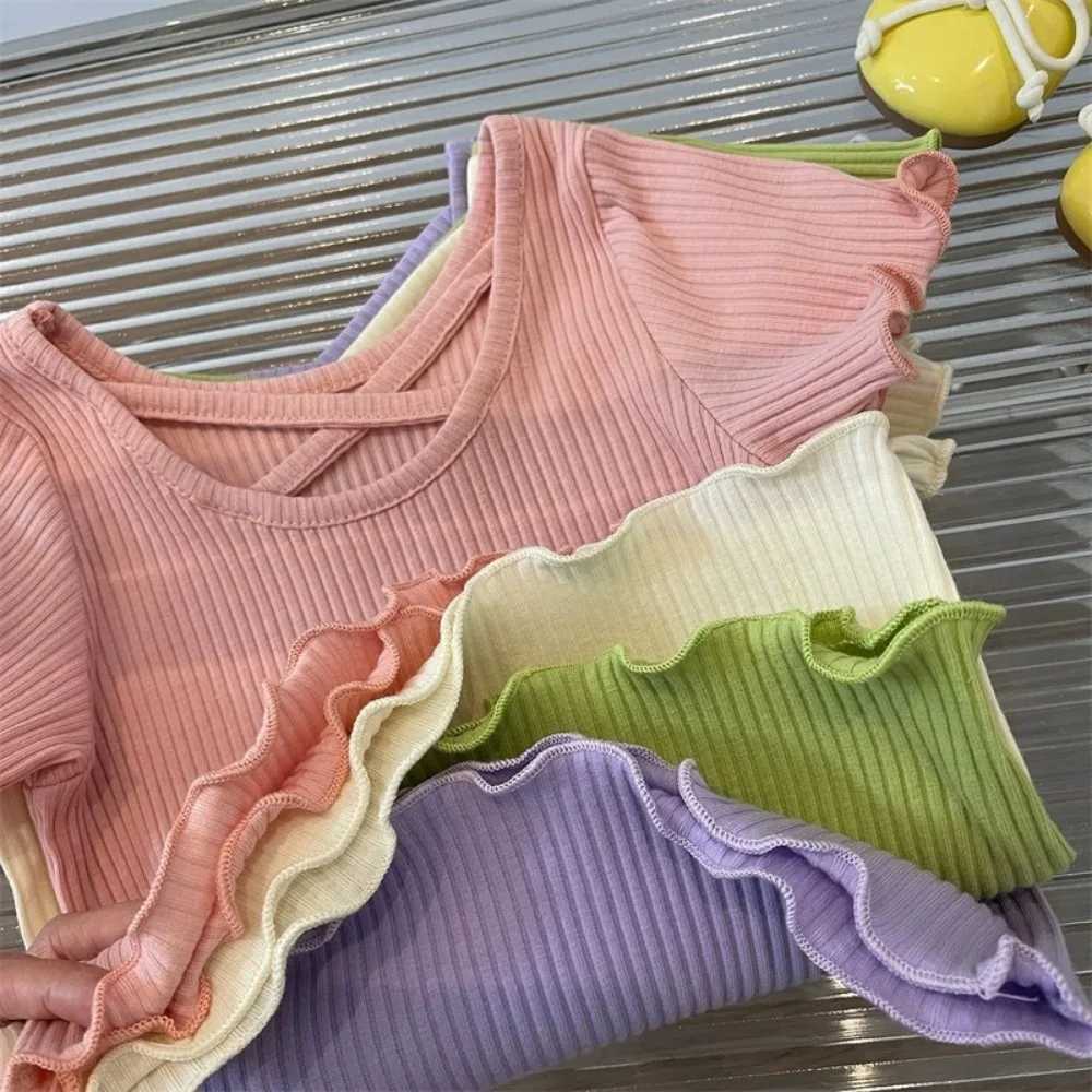 Bear Leader Summer New Girls Clothes Korean Version Top Cross Back Short Sleeve Kids Solid Color Round Neck Casual T-ShirtsT250320
