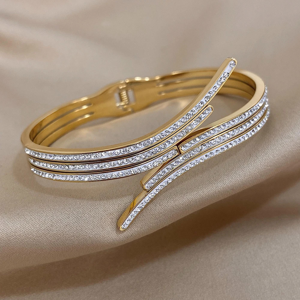 Greatera Rhinestone Charm Stainless Steel Bangles Cuff Bracelet for Women Geometric Irregular Gold Plated Party Jewelry 250320