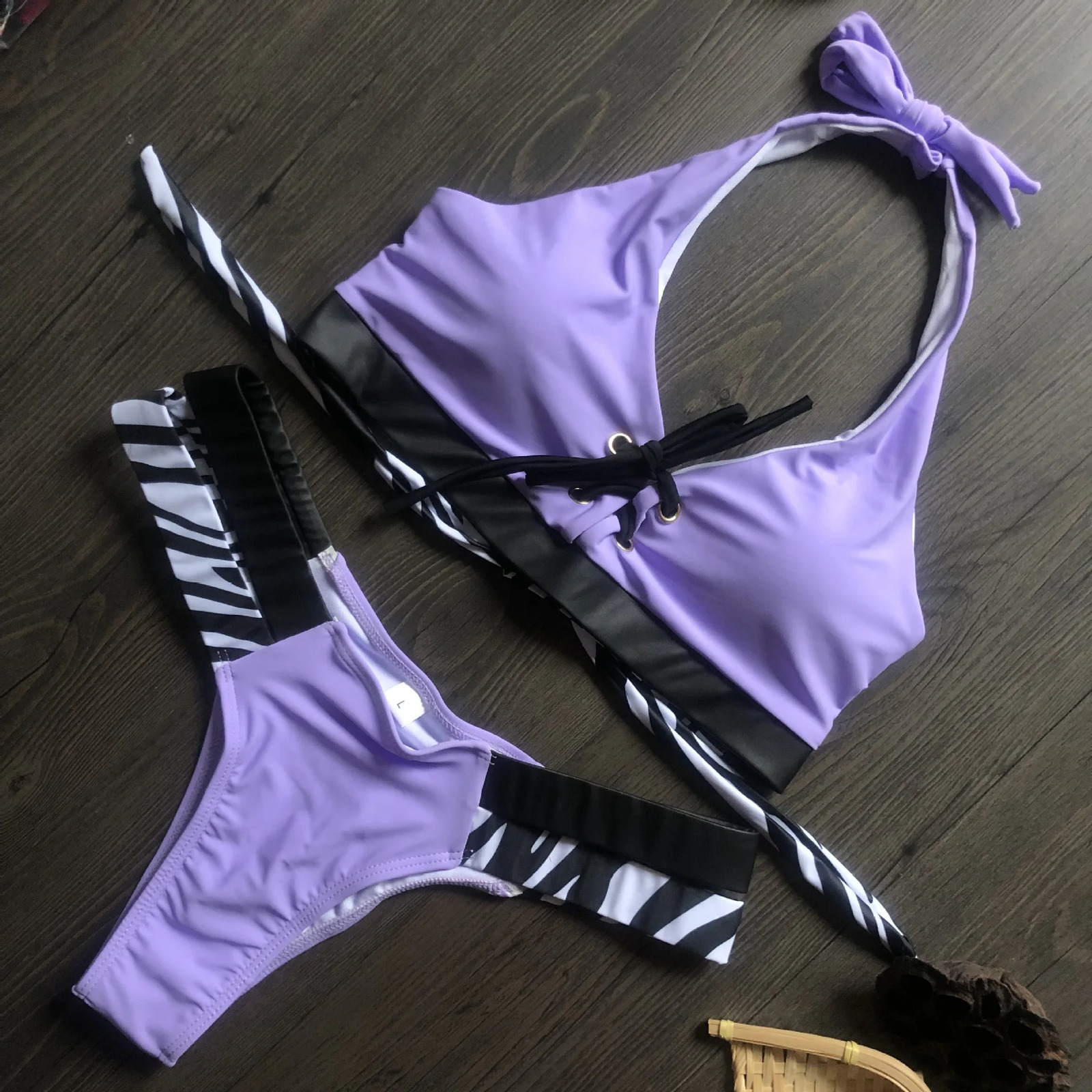 Sexy patchwork zebra strap Brazilian bikini womens swimsuit thong twopiece set high cut 250319