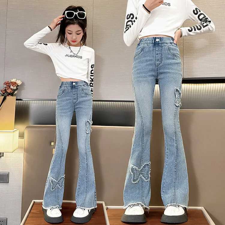 Fashion Girl Flare Jeans for Kids 4 6 9 12 14 Years Trouser Teenage Spring Fall Childrens Jeans Denim TasselT250326