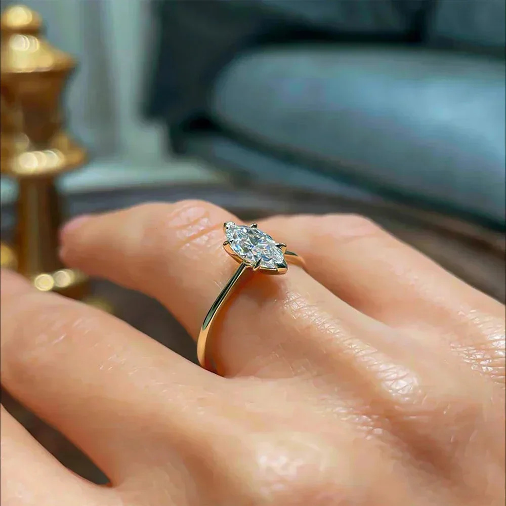 18k Plated 1CT D Color Marquise Cut Moissanite Solitaire Ring with GRA Certificate 925 Sterling Silver Engagement Band for Women