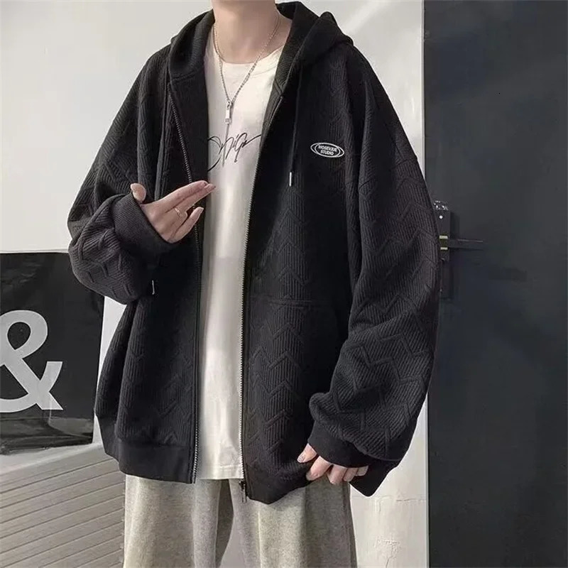 Mens autumn jacquard zipper hooded sweatshirt Korean fashion street cardigan casual oversized Y2K retro jacket 250320Z