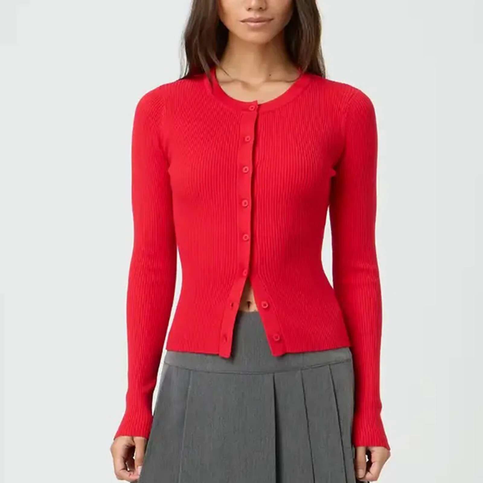 Women Autumn Winter Cardigan Long Sleeve Round Neck Button Up Ribbed Knitwear Slim Sweater