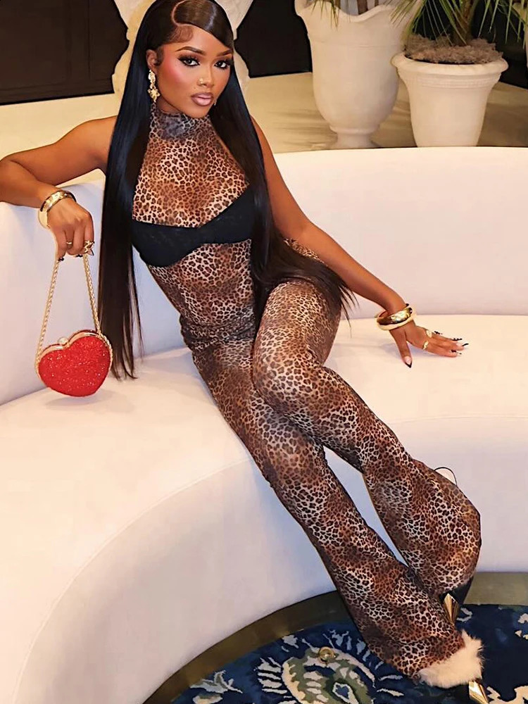 Weird Puss Leopard Print 2 Piece Set Women See Through Sexy Chest Wrap Sleeveless BodysuitFlare Pants Matching Midnight Club 250319