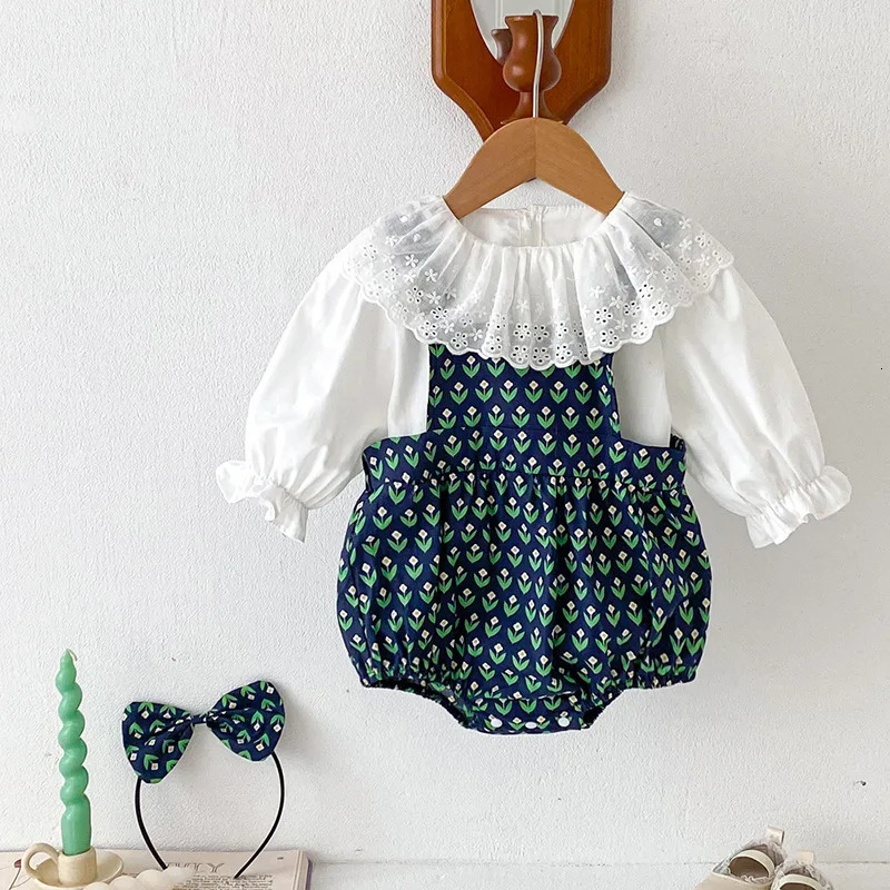 Autumn Korea Baby Girls 2PCS Clothes Set Cotton Solid Lace Collar Shirts Flower Printed Suspender Romper Suit Infant Girl Outfit 250319