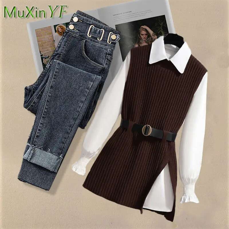 2025 Spring New Korean Elegant In Matching Set Women's Fashion Knitted Vest+Shirt+Jeans Three Piece Female Chic Denim Pants Suit