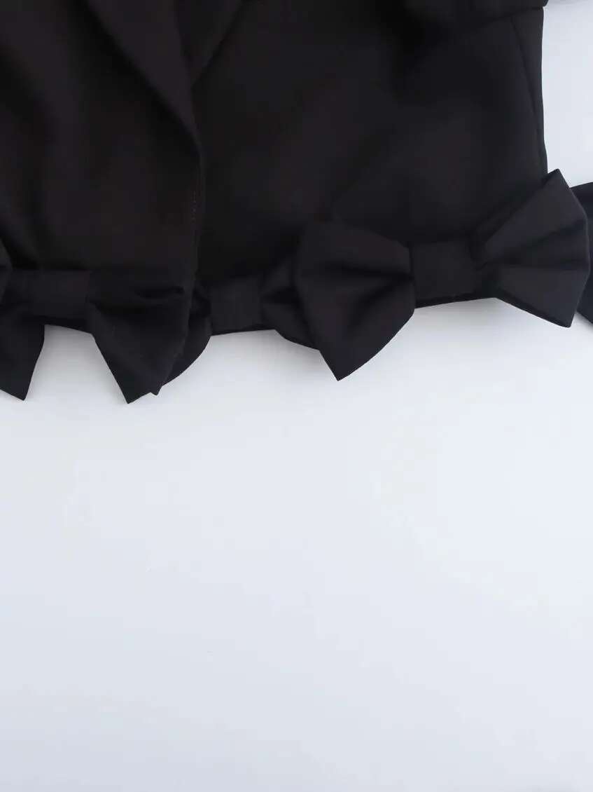 XNWMNZ 2024 Women's Fashion Crop Bow Blazer Women High Street Lapel Long Sleeve Shoulder Pads Female Jacket Coat
