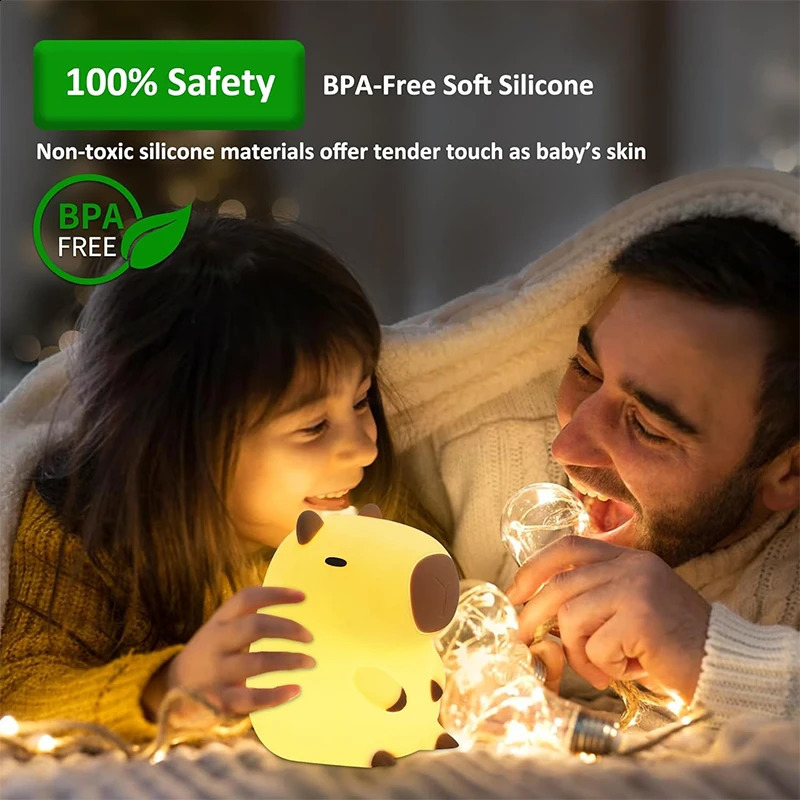 Cute Capybara Night Light Childrens Silicone Nightlight Gift USB Rechargeable Animal Touch Bedside Sleep Lamp Decoration 250319