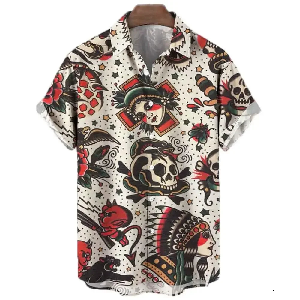 Mens sailboat skull print shirt Hawaii fashion casual rock print plus size top beach mens clothing 250318