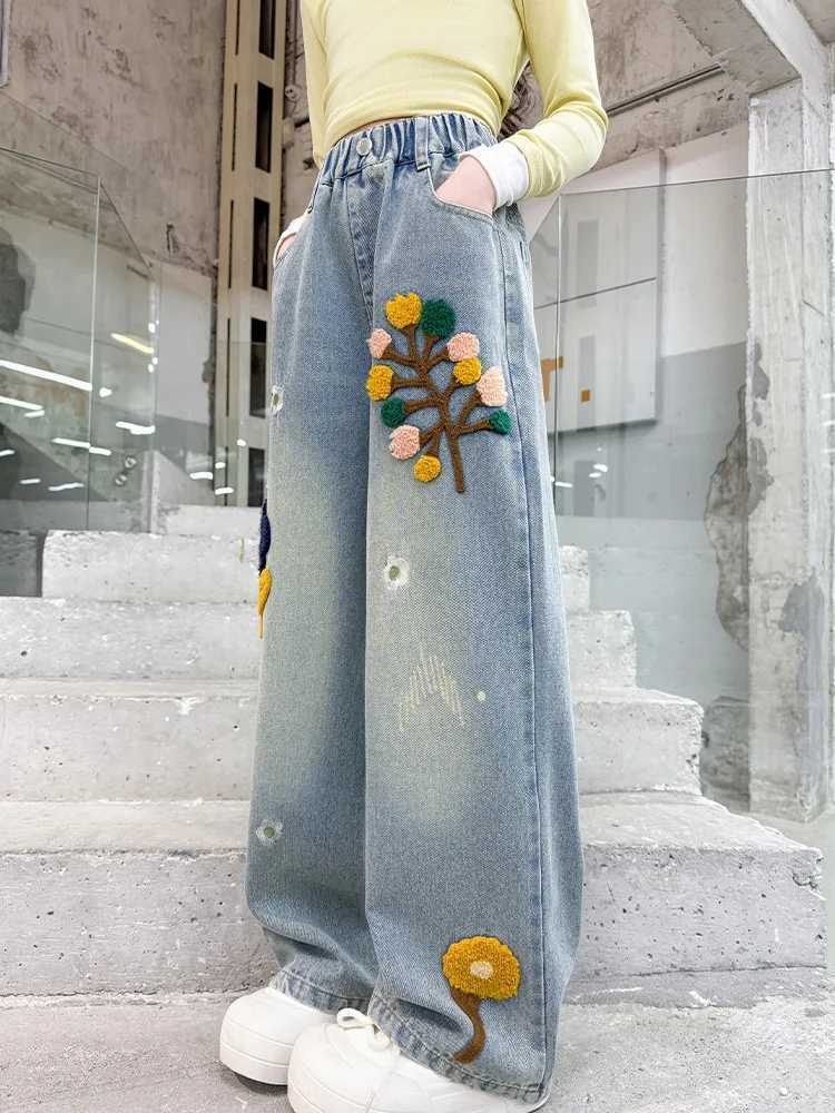 Spring Kids retro blue jeans with decals suitable for girls new casual outdoor denim pants slim fit loose jeans suitable for teenagersT250326