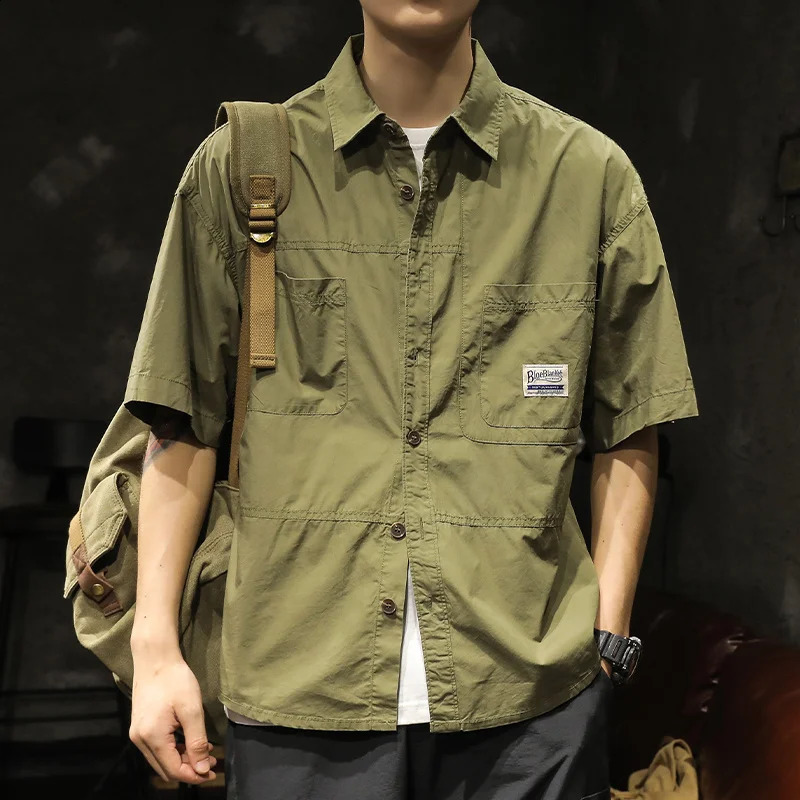 American mens casual short sleeved summer fashionable comfortable Tshirt street plain collared shirt 250317