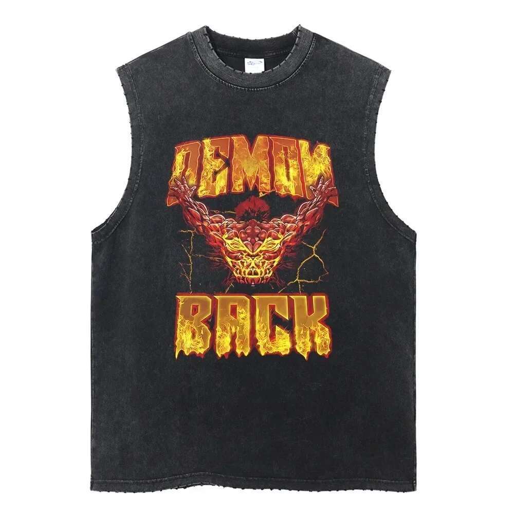 Harajuku street clothing washed anime printed vest fashionable torn casual vest men's summer sleeveless cotton retro vest unisex T-shirt