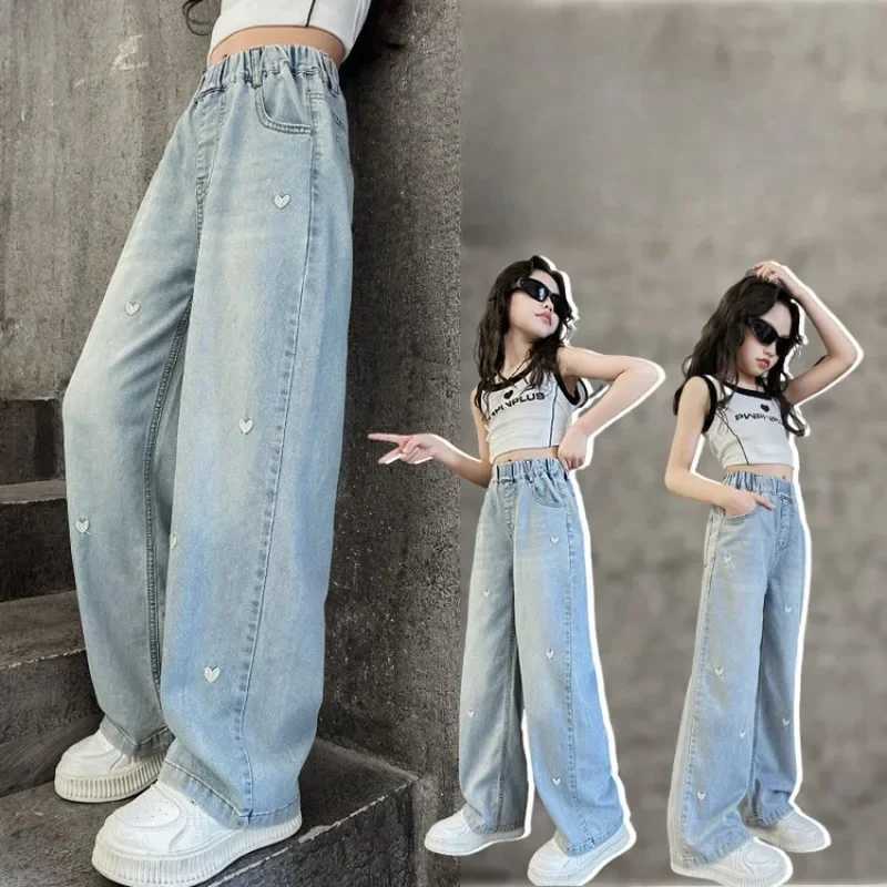 Girls Love Embroidered Wide-leg Pants Summer Thin Fashion 2024 Girls Light Jeans Wear Simple and FashionableT250326