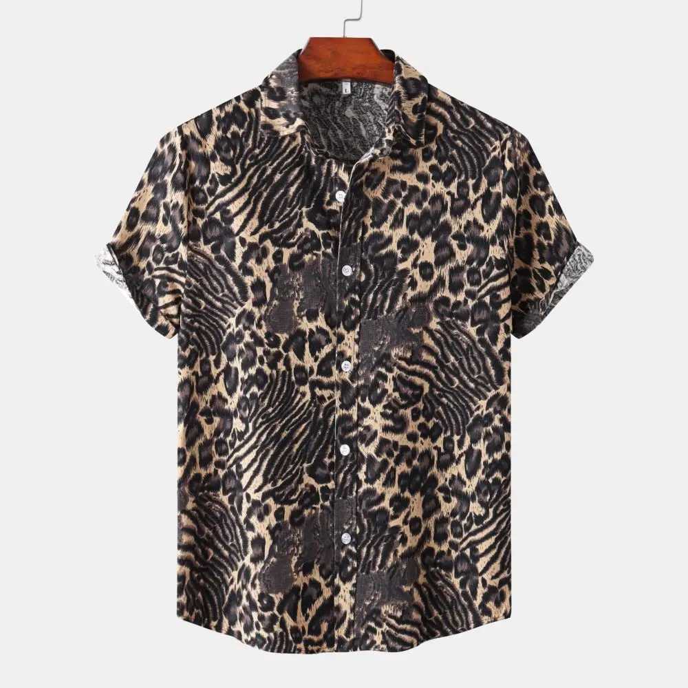 Fashion Leopard Mens Short Sleeve Shirt Oversize Loose Fit Stylish Shirt For Men Lapel Trend Casual Button Up Mens Clothing M250320