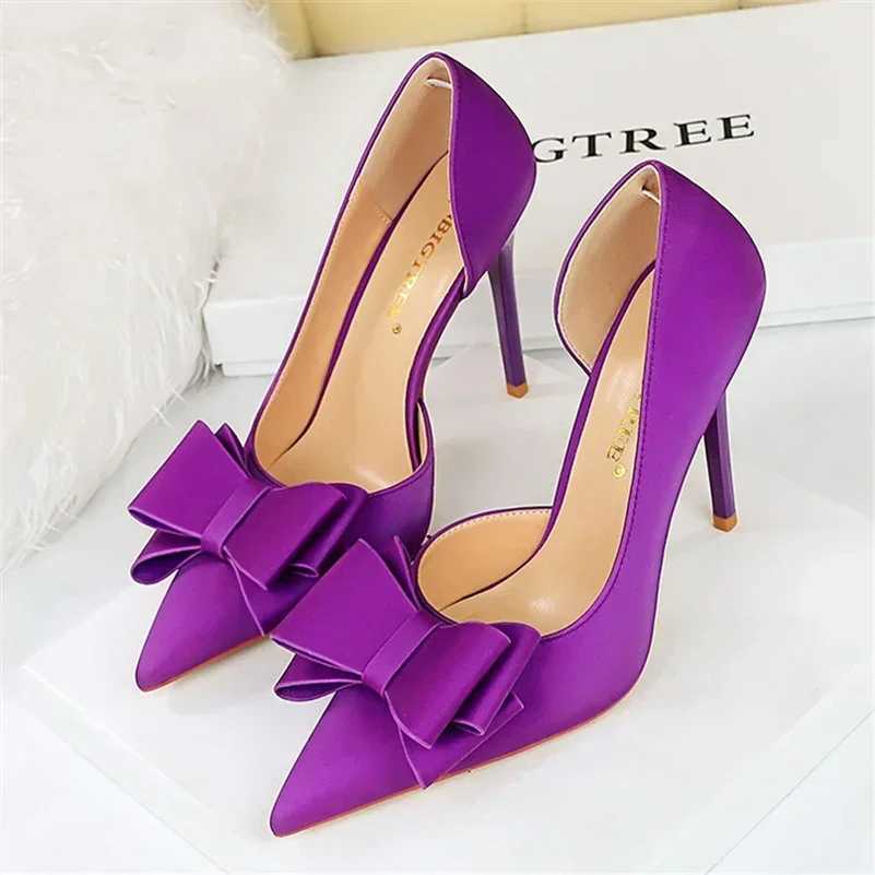 2024 temperature 10.5cm high H sweet Korean side hollow pump womens party purple green Kai bow knot H Pr silk satin shoes Y250319