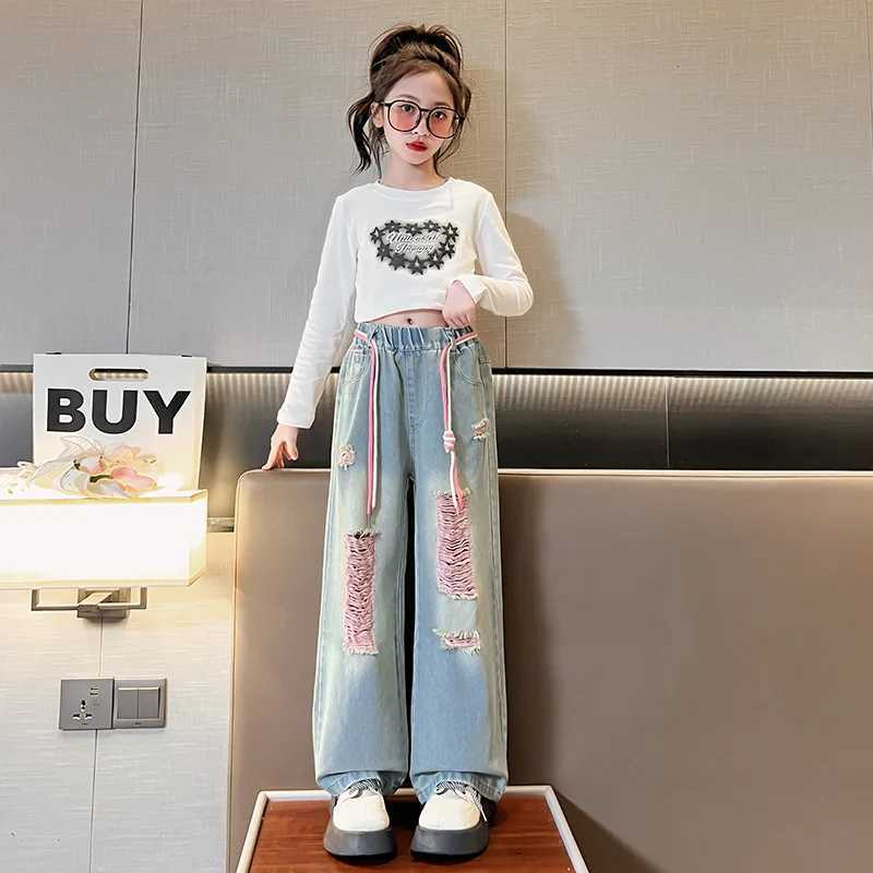 Girls Fashion Jeans 2024 Summer Thin Korean Edition Middle and Large Childrens Straight Cut Hole Jeans Fashion Wide Leg Pants 120-170CMT250326