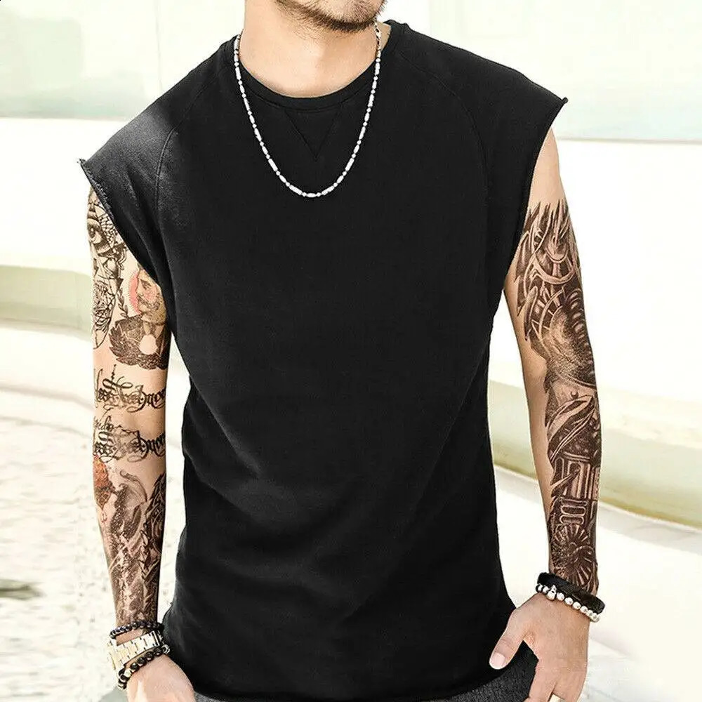 Mens casual vest sleeveless Tshirt mens running underwear solid color round neck sports 250319