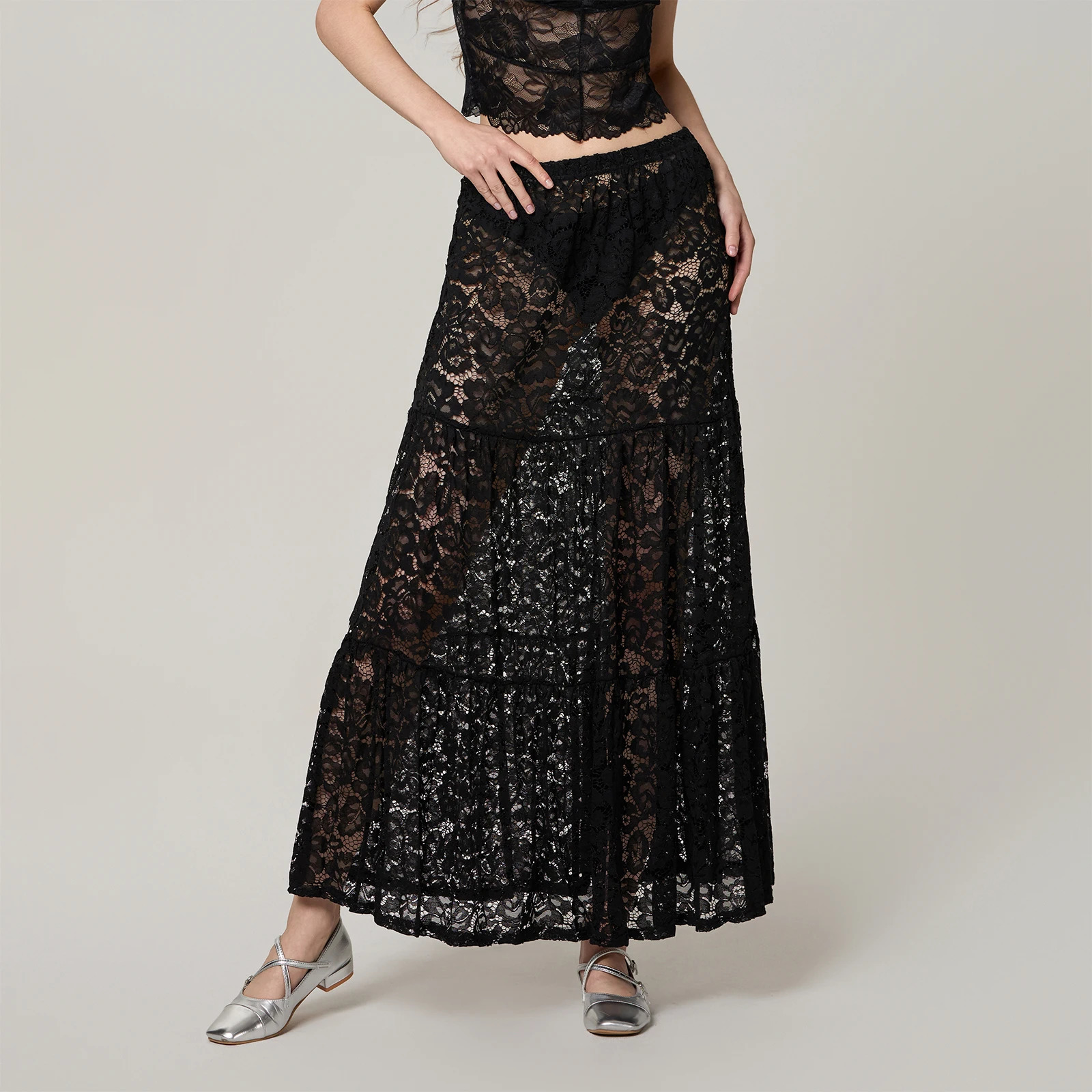 Women Lace Skirt Casual See-Through Lace Elastic A-Line Skirt for Beach Vacation Club Streetwear Aesthetic Clothes Summer 250320