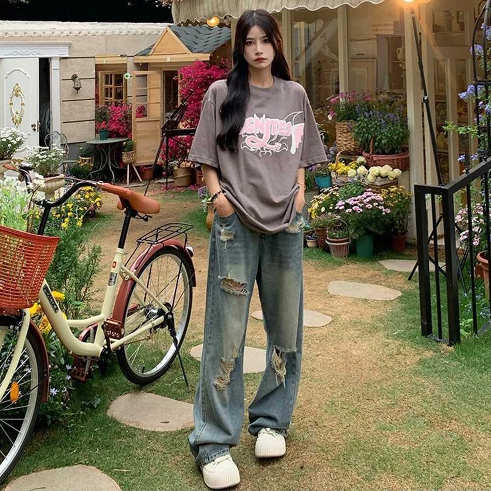 American retro perforated jeans womens high waisted straight crotch loose fit design high street Vibe wide leg drawstring pantsT250326