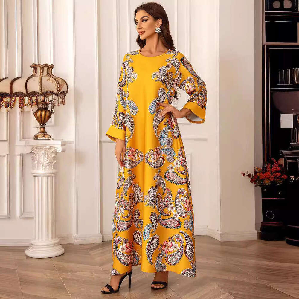 2405 Muslim Women's Robe Round Neck Home Dress Long Sleeved Floral Rhinestone Studded Nail Beads