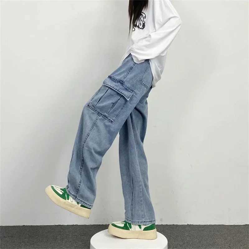 Baggy Wide Leg Jeans Mens Retro Big Pocket Loose Straight Cargo Pants Y2K Streetwear Fashion Korean Denim TrousersT250319