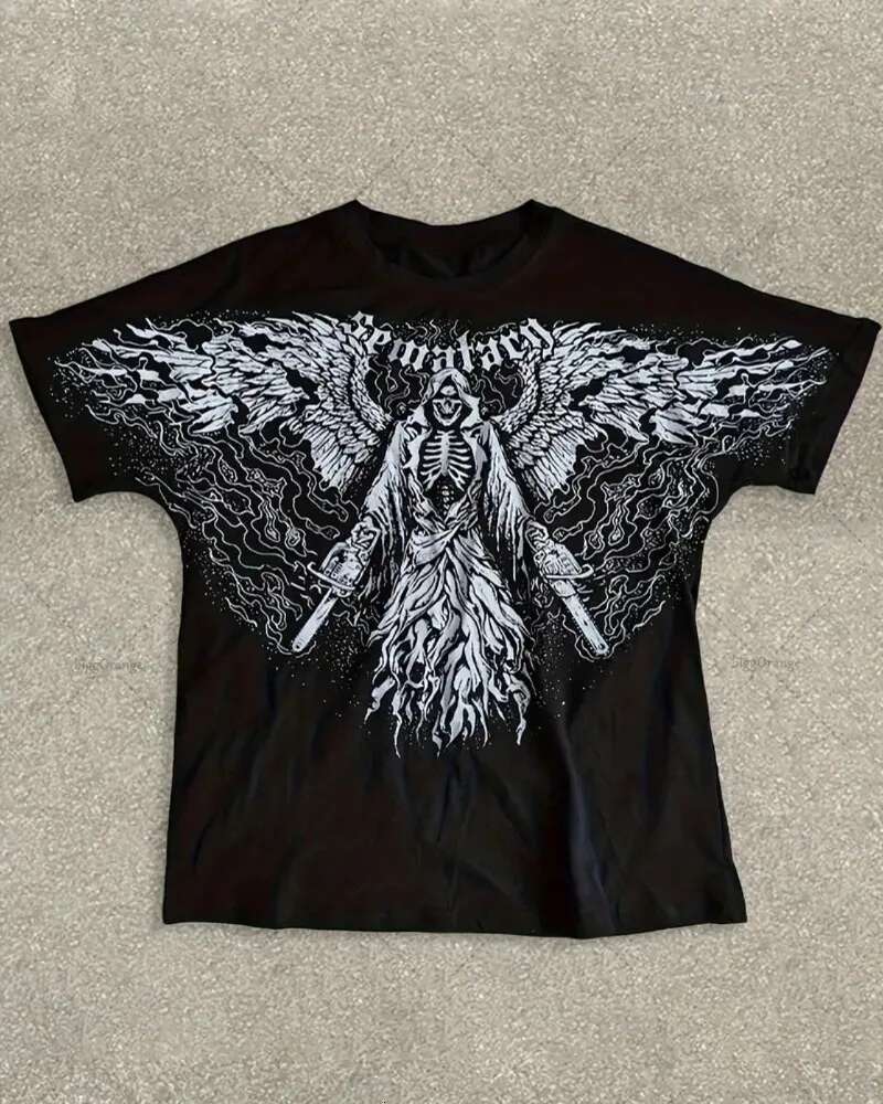 High Street Fashion Clothing Demon Angel Design Fashionable And Evergrande Black T-Shirt Men Retro Haruku Casual Loose Top