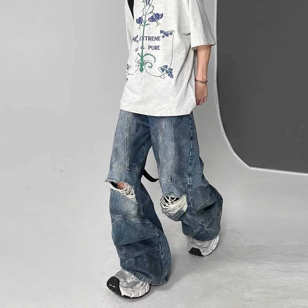 High Street Hip Hop Mens and Womens Fashion Personality Destruction Jeans Couple Loose Laundry Retro Casual Pants y2kT250319