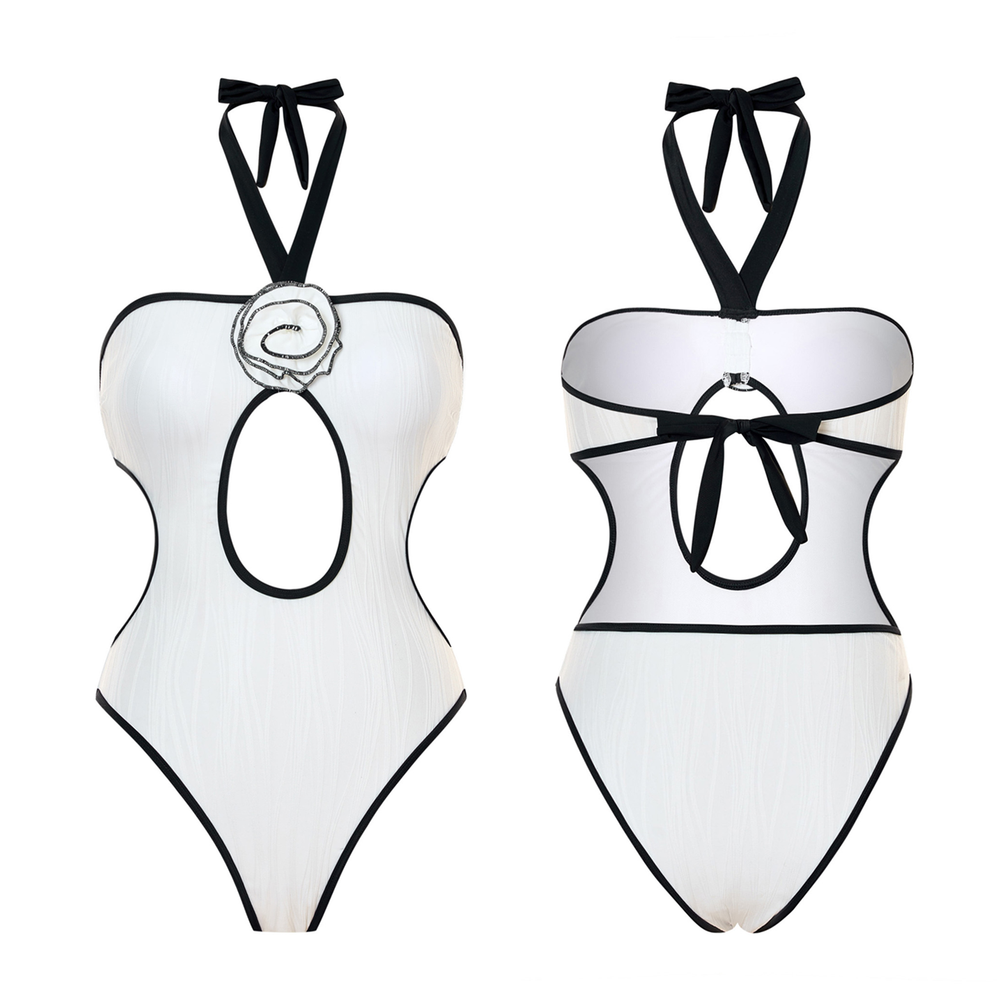 Stylish Women 3D Flower Decor One Piece Swimsuit Textured Hollow out Backless Swimwear Sexy Monokini Ladies Halter Neck Bathing Suits High Cut Beachwe