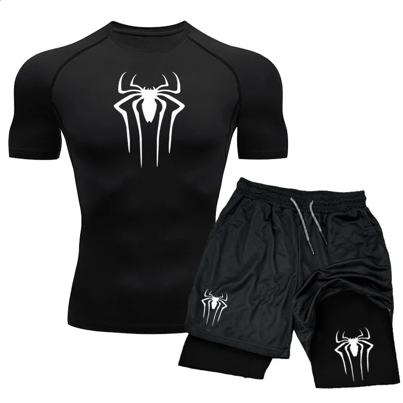 Compression Set Spider Print Sportwear for Men Quick Dry GYM ShortsShirt 2PCS Quick Dry Short Sleeve Trainning Sport Suit 250319