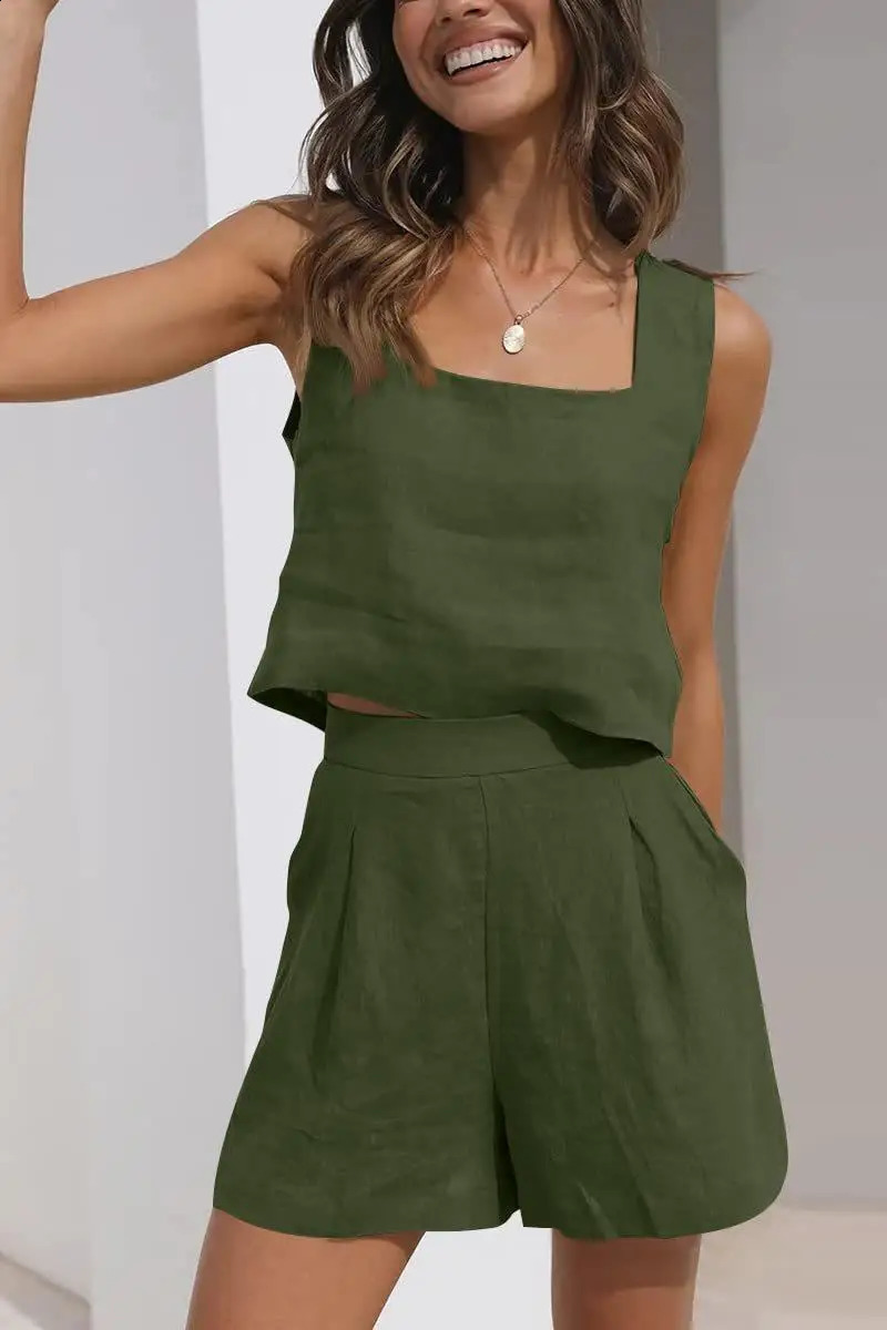 Casual womens casual vacation two-piece summer solid color sleeveless pocket pants set elegant wide leg vest set 250318