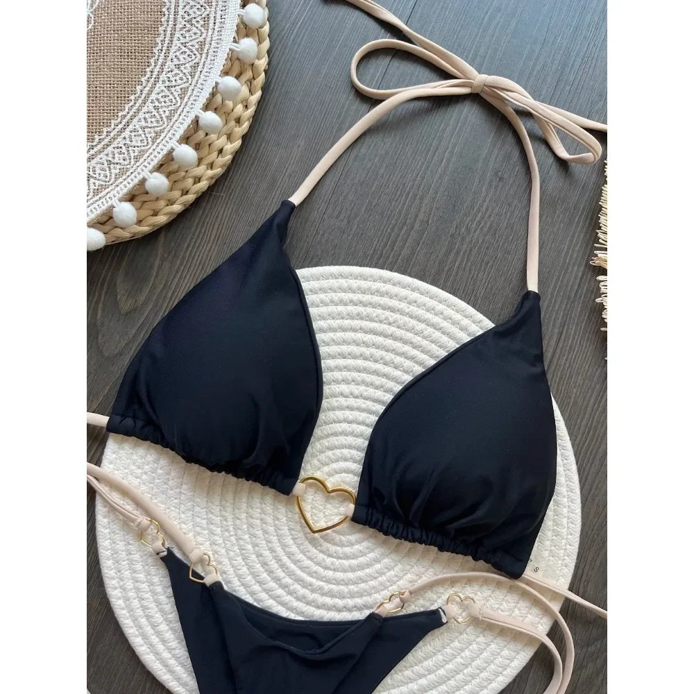Sexy Halter Solid Bikini Set Womens Swimsuit Two-piece Triangle Thong Swimwear Bathing Suit Brazilian Biquinis 250320