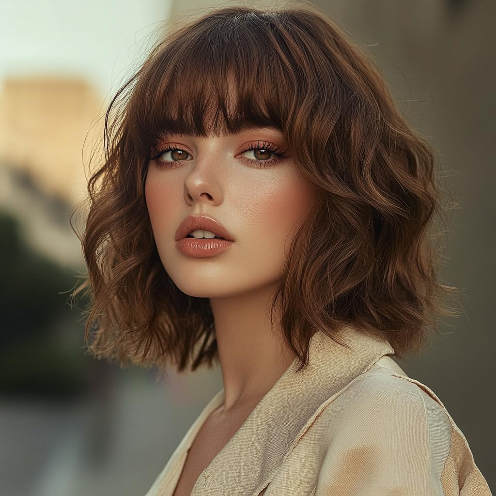 Short Chocolate Brown Wigs for Women Short Wavy Bob Wig with Bangs Medium Lenth Synthetic Hair for Daily Party(12 Inch)